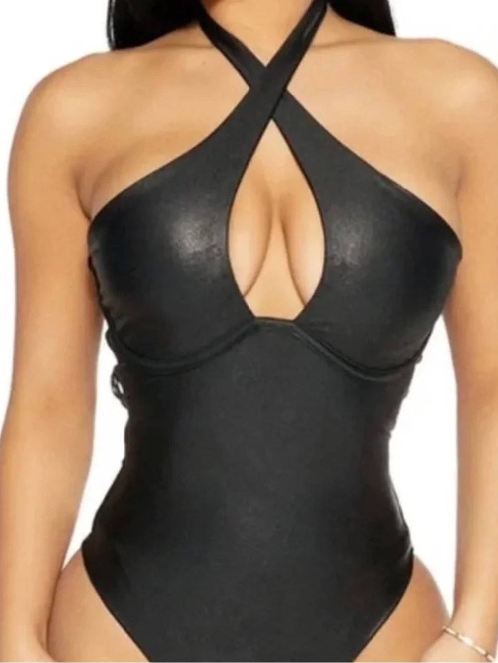 Naked Wardrobe Crisscross Cutout Faux Leather Underwire Bodysuit : Large
